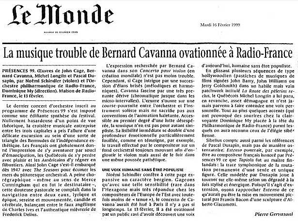 Concerto pour violon - Bernard Cavanna
Extraits de presse - Le Monde - Pierre Gervasoni